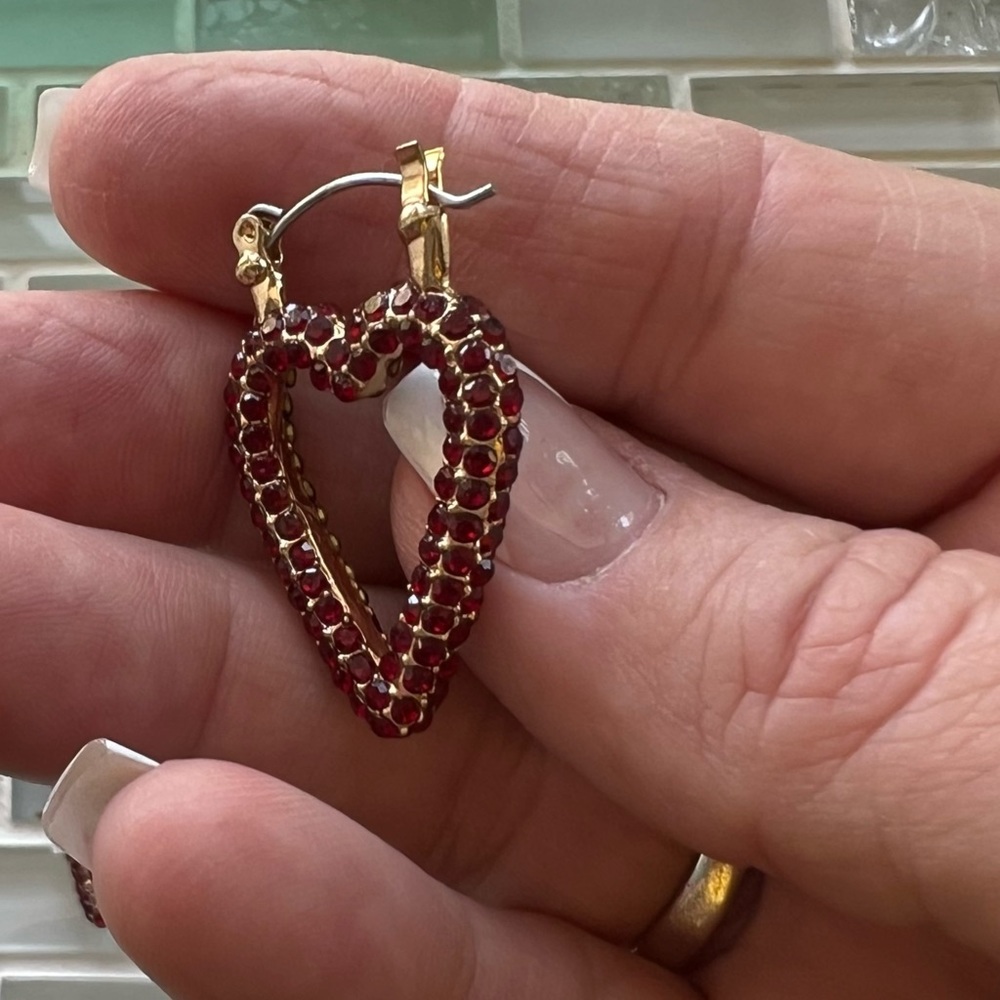 Valentine’s Day, Red Glass Stoned, Heart Shaped Post Dangle Earrings Christmas